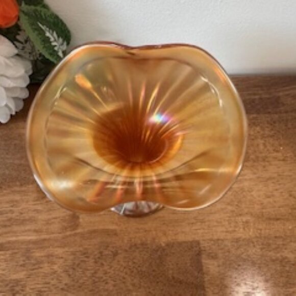 Marigold Carnival Glass Jack-in-the-Pulpit Vase Iridescent Vintage Flared Art Gl - Picture 3 of 6